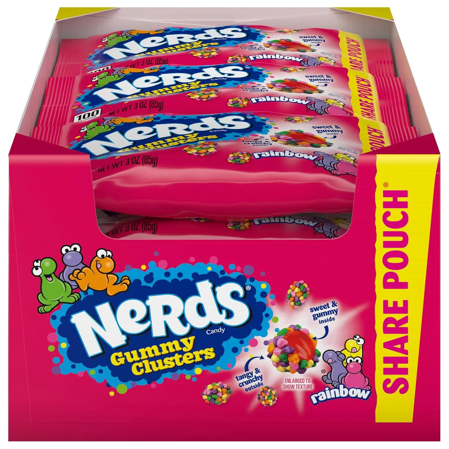 Nerds Gummy Clusters Candies, Rainbow 3 oz Pouches (Pack of 12) - Chewy, Sweet, Crunchy, Tangy Snacks with Strawberry, Grape, Orange, Lemonade Flavors, Ideal for Sharing & Cupboard Storage