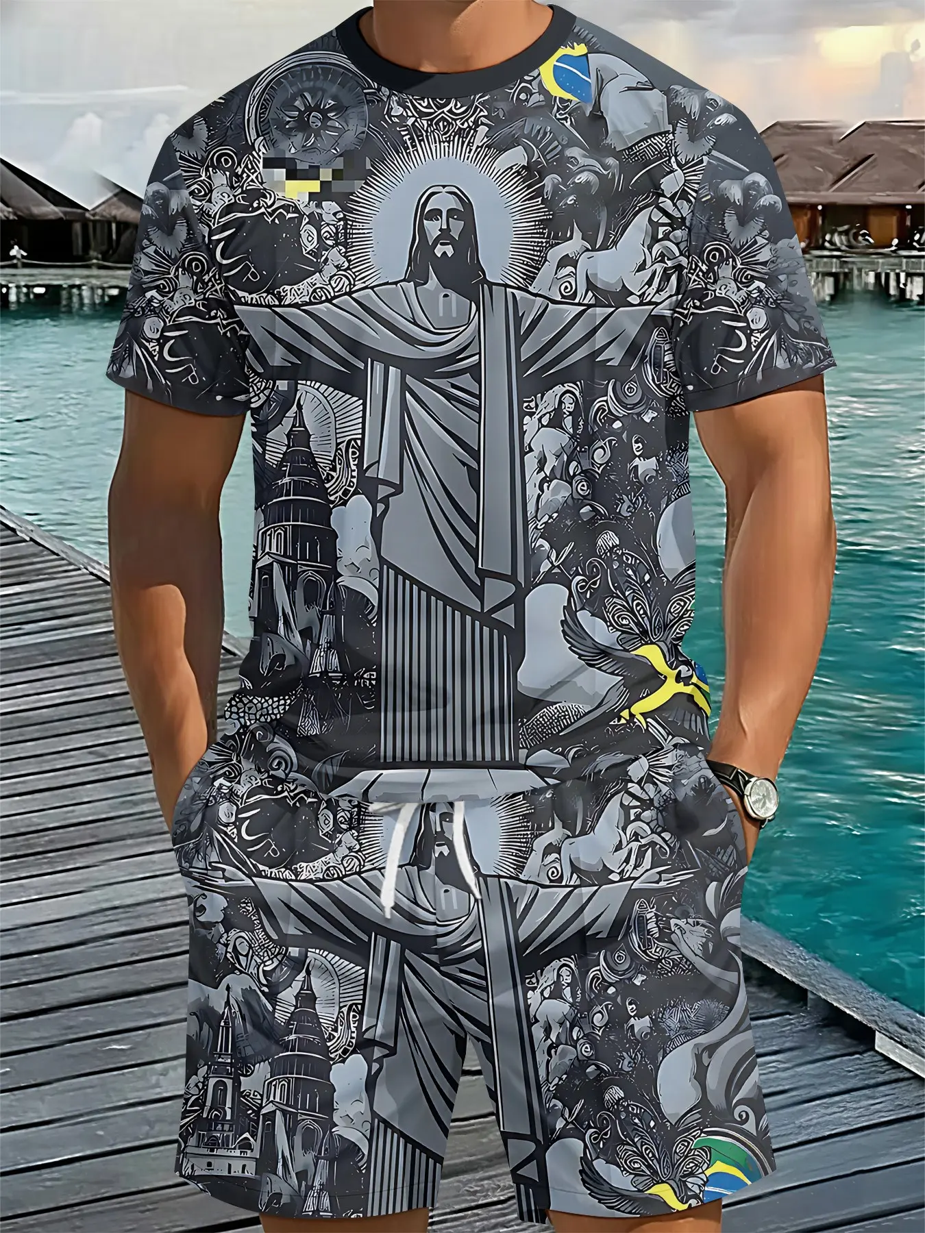 Christ the Redeemer of Brazil Art Men's 3D Digital Printing Two-Piece Set Suits, 2Pcs, Trendy Fashion Menswear Set, Trendy Retro Casual Two-Piece Set, Vacation Style Trendy Outfit, Breathable Sports Casual Style, a Perfect Holiday Gift for Men