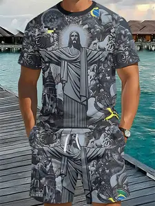Christ the Redeemer of Brazil Art Men's 3D Digital Printing Two-Piece Set, 2Pcs, Trendy Fashion Set, Trendy Retro Casual Two-Piece Set, Vacation Style Trendy Outfit, Breathable Sports Casual Style, a Perfect Holiday Gift for Men