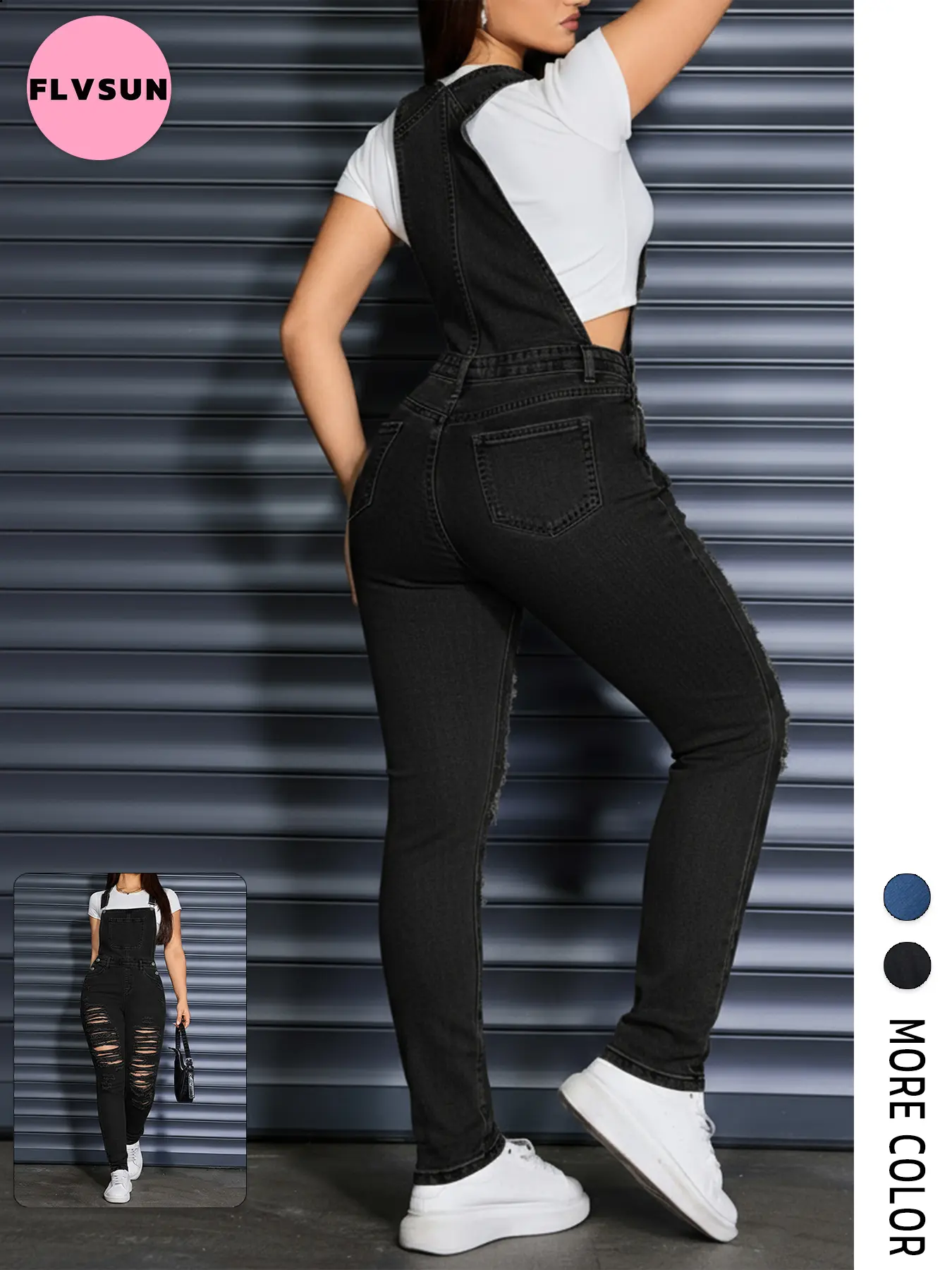 Flvsun Women's Ripped Distressed Stretchy Denim Overalls - Slim Fit V-Neck Bib Jumpsuit with Adjustable Straps for Casual Holiday, Party Wear, Lady Hollow Design All-Season Outfit, Street