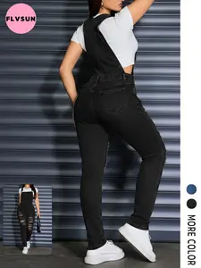 Flvsun-Women's Casual Skinny Ripped Denim Jumpsuit Adjustable Bib Jeans Overall Solid Color Button Fly Fitted Denim Overalls Cas Cualomfy Chic Basic Dungarees, Womenswear, Overallsgirl