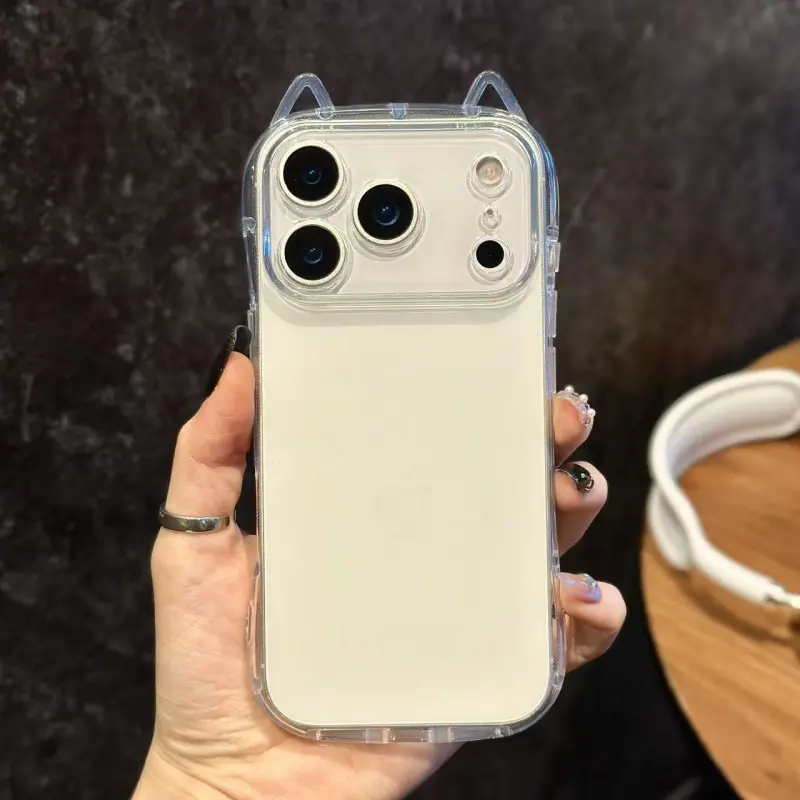 Creative cat ear airbag shockproof drop protection case for iPhone 17 Pro Max, minimalist style, also compatible with iPhone 14/15/16 Pro, cute clear transparent case Cover Casing Accessories