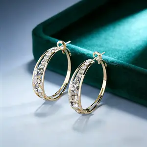 Gold Plated Rhinestone Hoop Earrings | Sparkling Double Layer Design | Lightweight Elegant Jewelry | Perfect for Wedding/Party | Ideal Anniversary Gift for Her