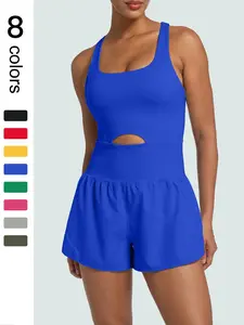 Women's Solid Color Cut Out Sports Romper, Sporty Comfy Jumpsuit, Casual Sleeveless Tank Romper for Yoga Gym Workout, Ladies Sportswear for All Seasons