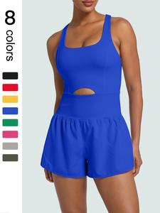 women's solid color cut out sports romper, casual sleeveless tank romper for yoga gym workout, ladies sportswear for all seasons, stretchable activewear