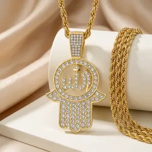Islamic Iced Medium Pendant with 4mm Rope Chain, 24" Length Fashion Costume Jewelry Charm