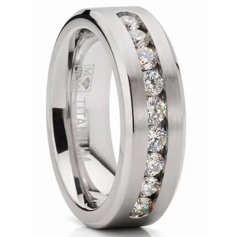 8MM Men's 1Ct. Titanium ring wedding band with 9 large Channel Set Cubic Zirconia CZ sizes 6 to 15