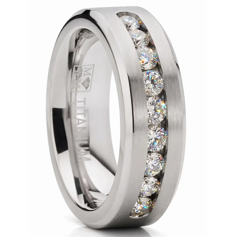 8MM Men's 1Ct. Titanium ring wedding band with 9 large Channel Set Cubic Zirconia CZ sizes 6 to 15