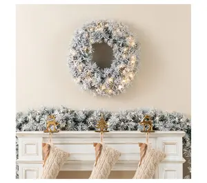 Glitzhome 24" Pre-Lit Snow Flocked Green Pine Christmas Wreath