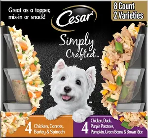 Cesar Simply Crafted Wet Dog Food Toppers for Dry Food, Chicken, Duck, Purple Potatoes, Pumpkin, Green Beans & Brown Rice, and Chicken, Carrots, Barley & Spinach Variety Pack, 1.3 oz Tubs, 8 Count