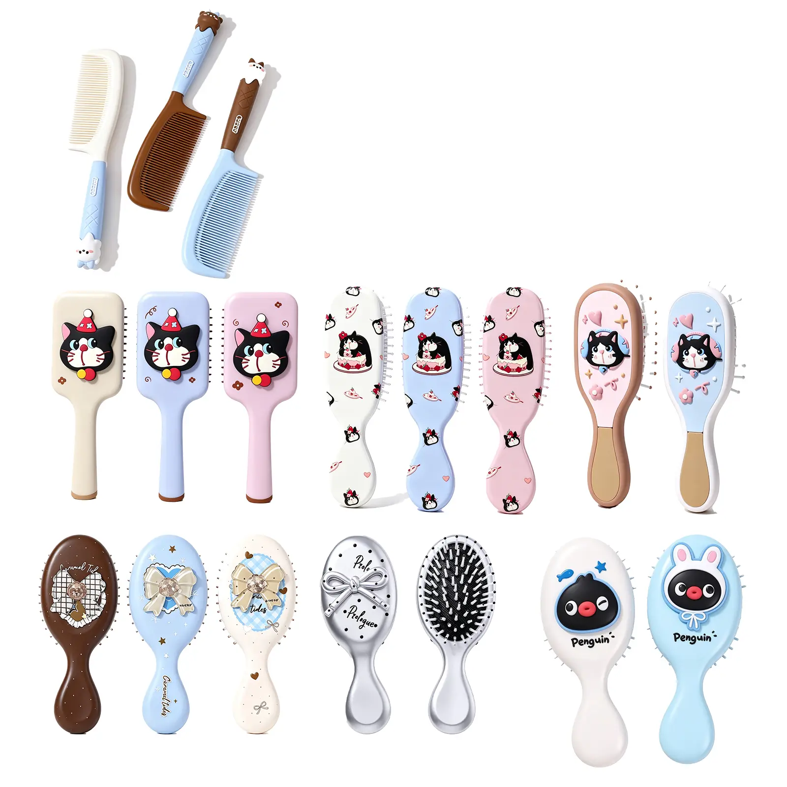 18Pcs Multi-Style Kawaii Cartoon Hair Brush Set, Fine Tooth Straight Combs & Air Cushion Detangling Paddle Brushes, Cute Cat Penguin Bow Design Travel Hair Styling Tools, Portable Hair Accessories Gift for Women Teen Girls