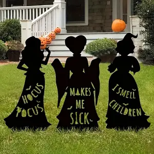 Hocus Pocus Metal Yard Stakes 3 Pcs Halloween Witch Silhouette Signs Outdoor Decorations for Party Set Spooky Festive Atmosphere