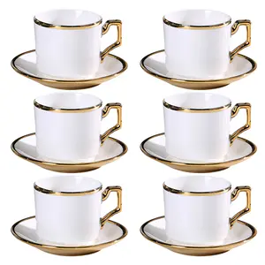 SUNDAY MIRTH Tea Cups And Saucers Set - 6 Piece White Coffee Mug Set Cappuccino Cup For Cappuccino Cups, Double Espresso Cups Set for Latte, Mocha, Au Lait, Tea, White