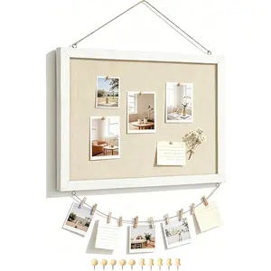 16" x 12" Double-Sided Linen Bulletin Board – Wood Framed Cork Pin Board for Wall Display, Memo Board for Home, Kitchen, Office & Classroom with 10 Pushpins