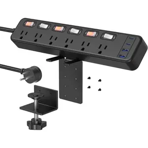 Clamp Power Strip Standing Desk with 20W USB C, 2 in 1 Clip Desktop Surge Protector Edge Mount Outlet with 6 Individual Switches, Fit 2.6 inch Table Top, 6 FT Extension Cord Flat Plug, 1200J