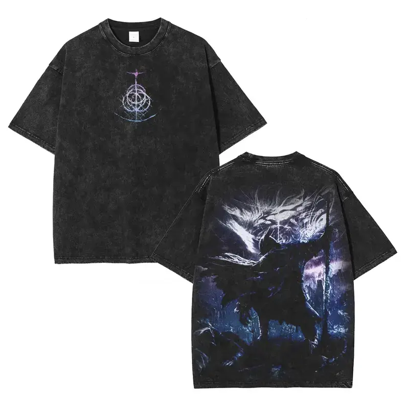Elden Ring Nightreign Washed T-Shirt, Dark Fantasy Gamer Graphic Tee, Vintage Acid Wash Oversized Shirt, Soulslike RPG Gaming Streetwear, Gift for Game Fans