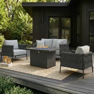 【3 Packages Shipping】LayinSun 4 Piece Outdoor Furniture Set with Fire Pit Table, Modern Rope Woven Patio Conversation Sofa Set with Olefin Braid and Deep Seating summervibes