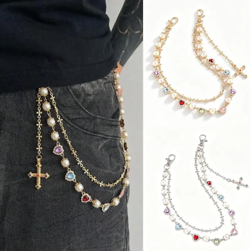 Silver Gold Cross Pants Chain for Men Trendy Pearl Jean Chains for Women Gold Biker Wallet Pocket Chain for Pants Colorful Heart Rhinestone Jean Chains Punk Hip Party Music Festival Accessories
