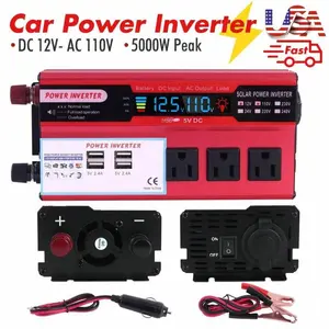 5000W Peak  Inverter DC 12V to 110V AC, 3 AC Outlets & Dual USB Ports, LED Voltage Display, Car Plug & Battery Clamps Included, Ideal for RV, Camping, Road Trips & Emergency Power Supply