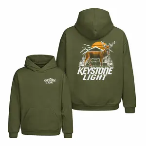 Official Style Keystone Light Graphic Hoodie – Retro Whitetail Buck Pullover | Navy Blue Beer Logo Sweatshirt | Trendy Hunter Style Fit
