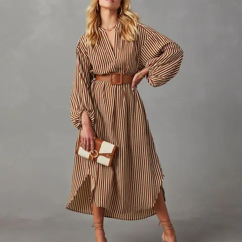 Women Striped Midi Dress V Neck Lantern Long Sleeve Split Hem Shirt Dress With Belt