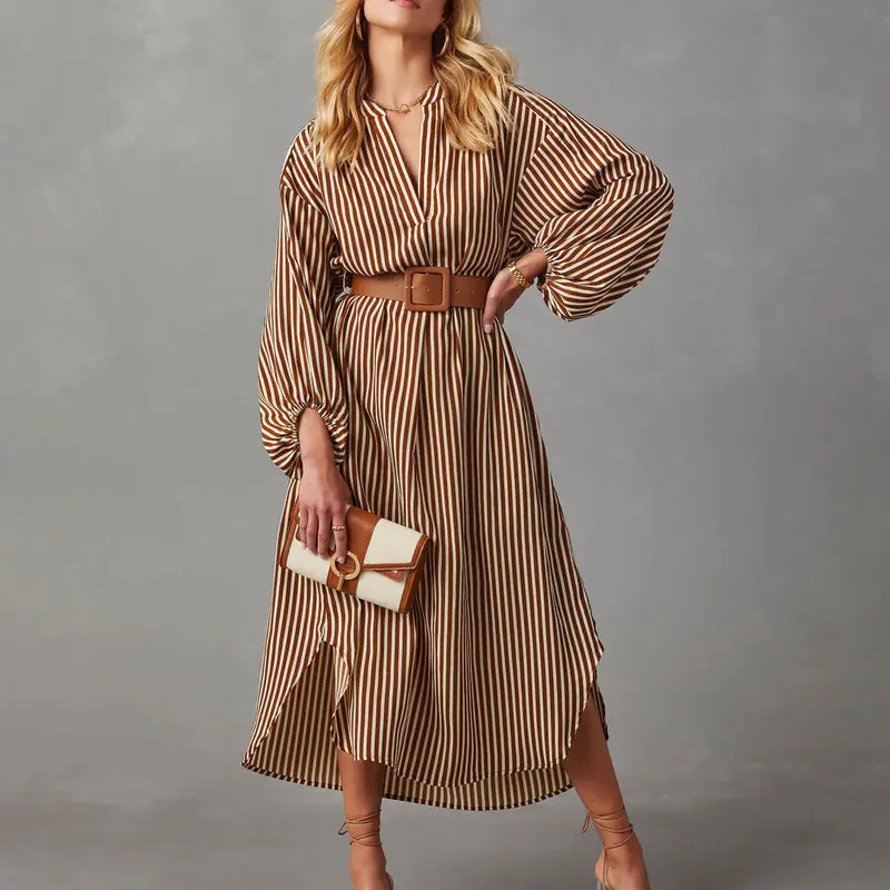 Women Striped Midi Dress V Neck Lantern Long Sleeve Split Hem Shirt Dress With Belt