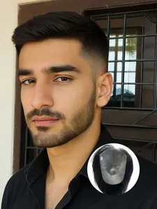 Men‘s Toupee Business Style Sleek Back Hair System, Handmade Human Wig Hair 6*8 PU Base Ultra Thin Skin V-Looped Realistic Biological Scalp Hairpieces Men‘s Lightweight Replacement System (4 Inch Hair Length)