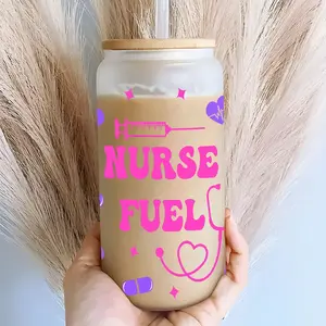 NURSE FUEL Text & Medical Element Pattern Design 16oz Covered Straw Glass Drinking Cup, Reusable Glass Drinking Cup, Tumbler, Glass Jar Design, Suitable for Iced Coffee, Juice, Fashionable Glassware. Perfect Gift for Nurses, Coffee Lover