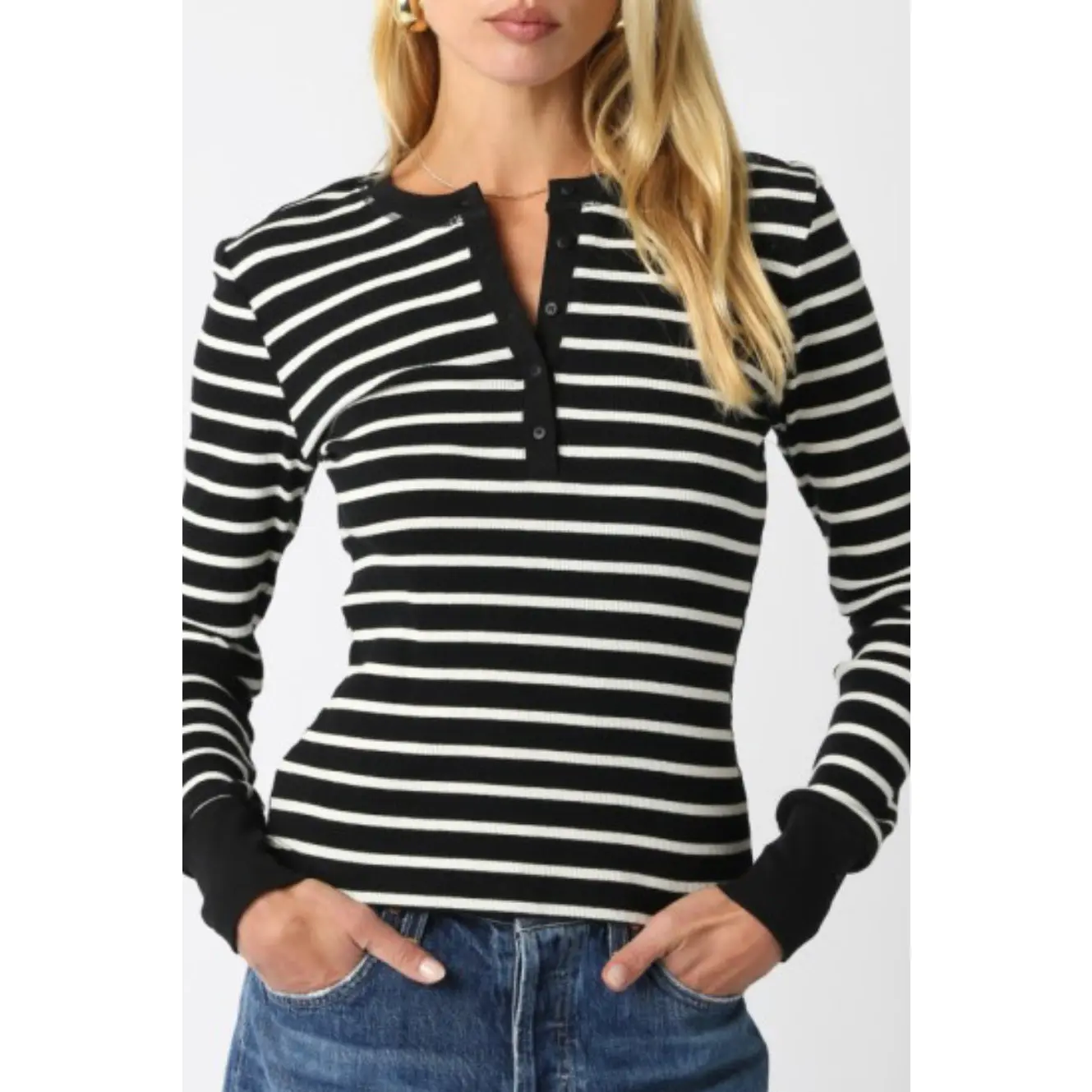 Women's Black and White Striped Fitted Long Sleeve Henley Shirt - Stretchy Ribbed Fabric with Contrast Cuffs, Long Sleeves