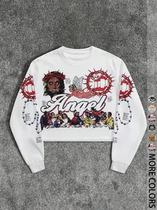 Men's Cartoon Print Round Neck Crop Sweatshirt, Regular Fit Casual Long Sleeve Pullover for Fall & Winter, Men's Clothes for Daily Wear