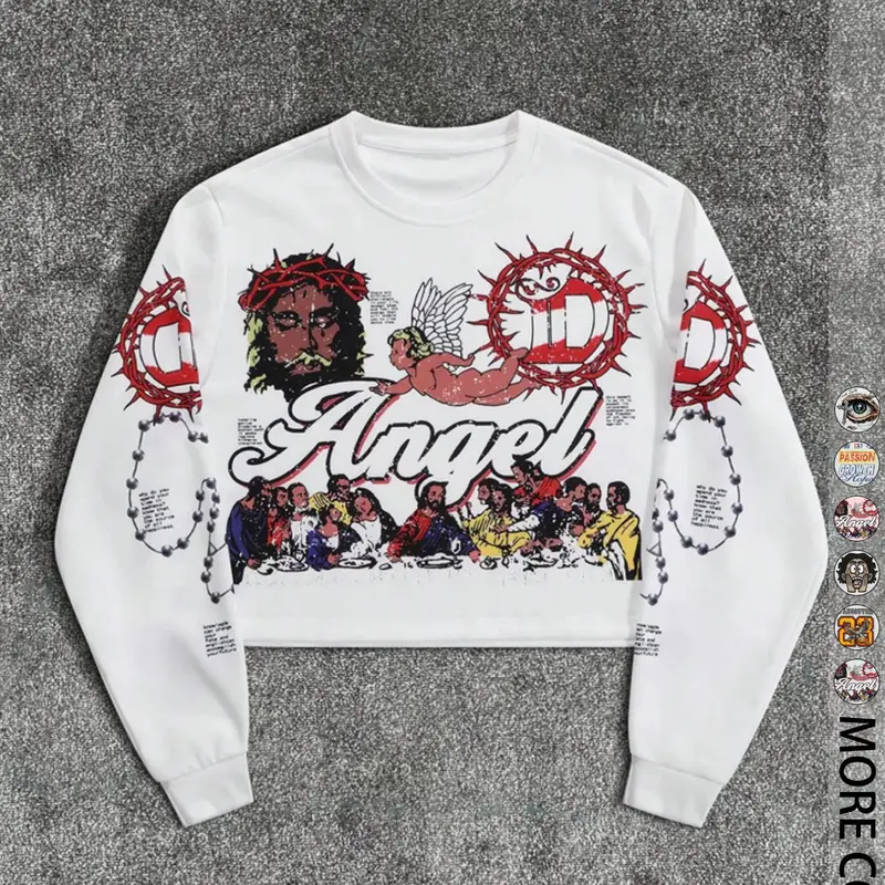 Men's Cartoon Print Round Neck Crop Sweatshirt, Casual Fitted Sweatshirt, Graphic Streetwear Casual Long-Sleeve Pullover for Fall & Winter, Men's Daily Wear Top, Casual Print Clothes