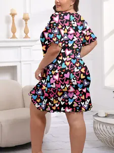 Women's Plus Size Summer Nightgown, Comfortable Elastic Sleepwear, Heart Pattern, Lettuce Hem, Round Neck Short Sleeve, Casual Loose Fit
