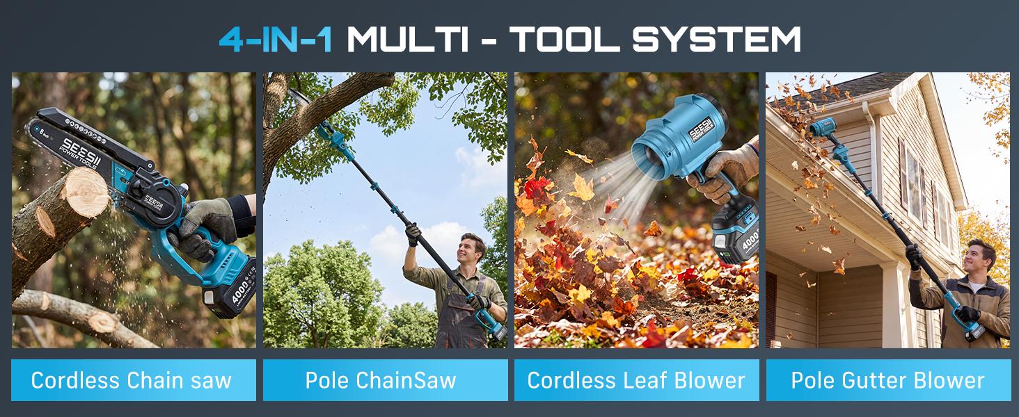 SEESII 8 Inch Cordless Pole Saw Kit, Telescopic Extension Pole Equipped with 8 Inch Chainsaw & Air Blower, Ideal for Garden Trimming, Gutter Cleaning, Vehicle Post-wash Drying, Home Renovation and Outdoor Yard Maintenance CHB80