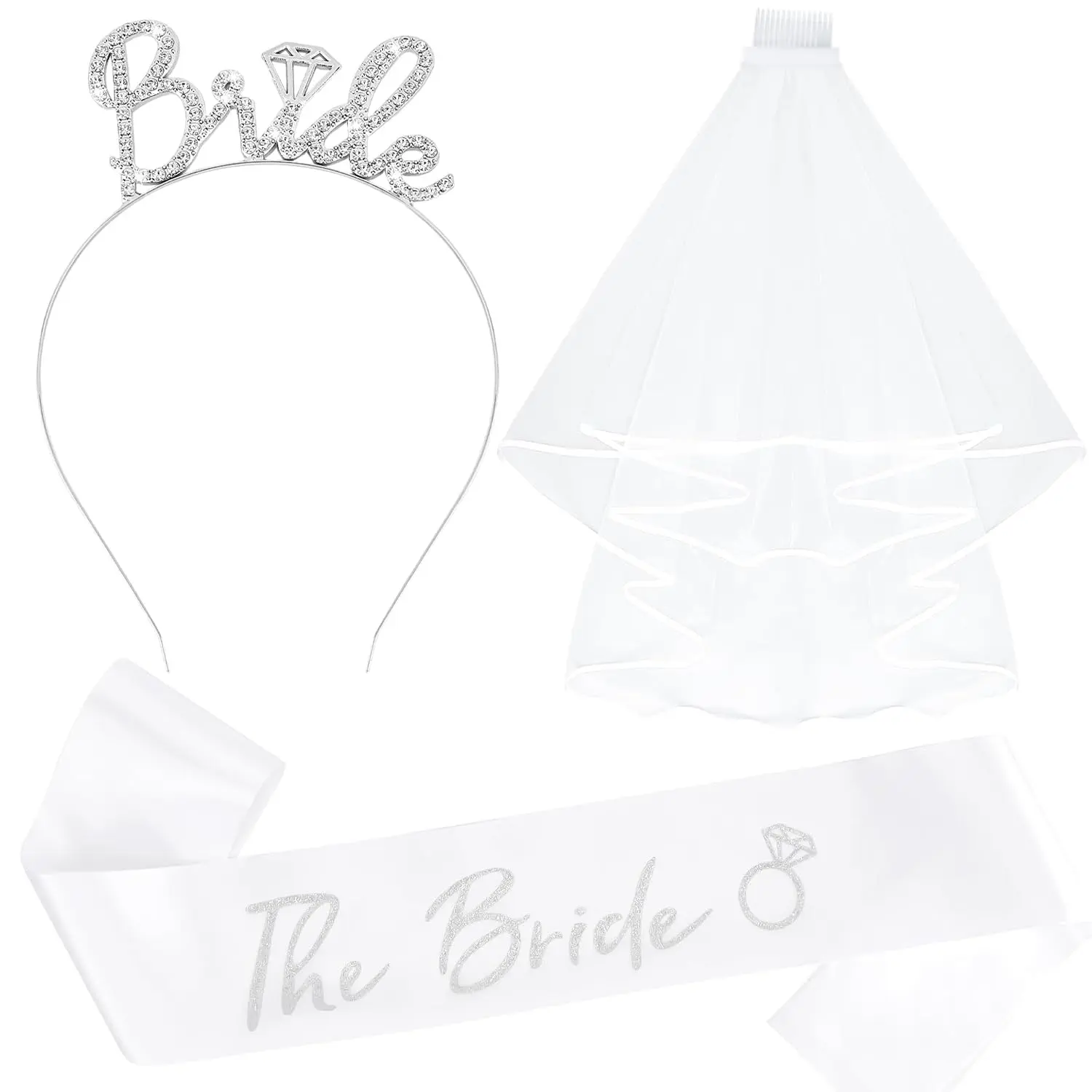 3 in 1 Bridal Set-  Rhinestone Bride Headband, White Veil & Satin Sash - Bride Accessories for Bachelorette Party, Bridal Shower & Wedding