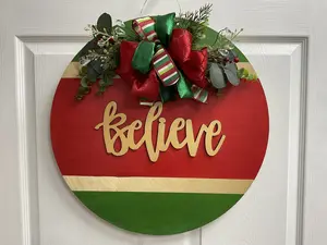Believe Christmas Wreath with Red Green Stripes and Festive Bow for Holiday Decor