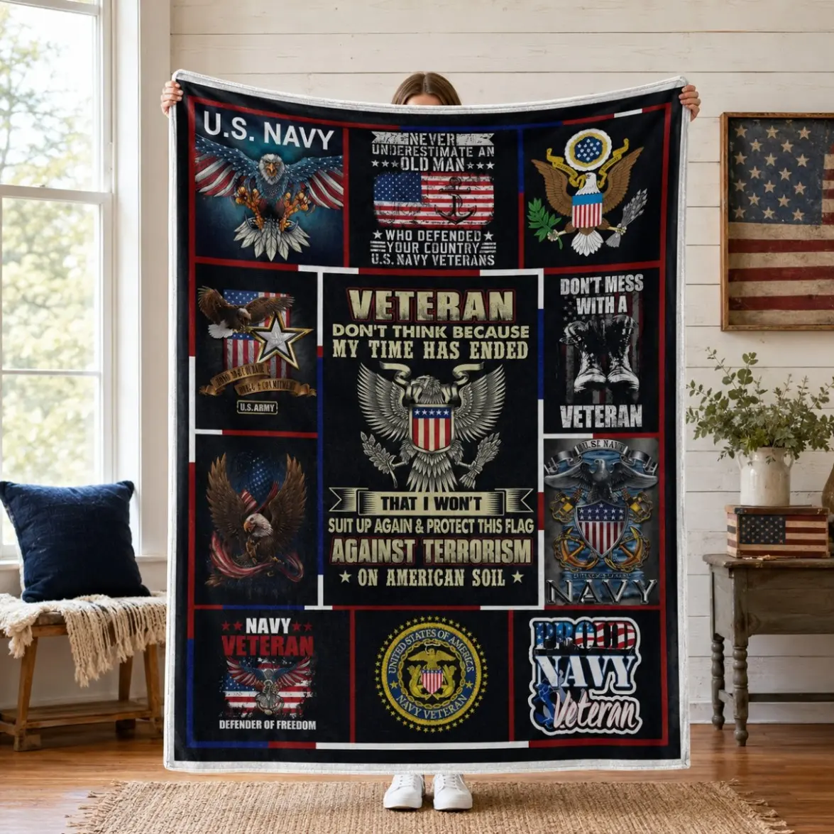 US Navy Veteran Throw Blanket - Made in The USA. Flannel Throw Blanket for Proud Patriotic American Navy Veteran Blanket.