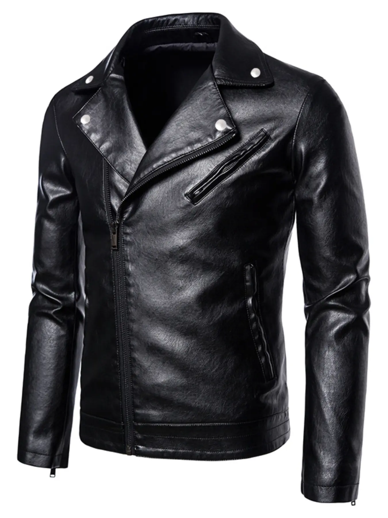 Men's PU Jacket with Asymmetrical Zipper Design, Stylish Motorcycle Streetwear, Casual Fashionable Versatile Outerwear for Men