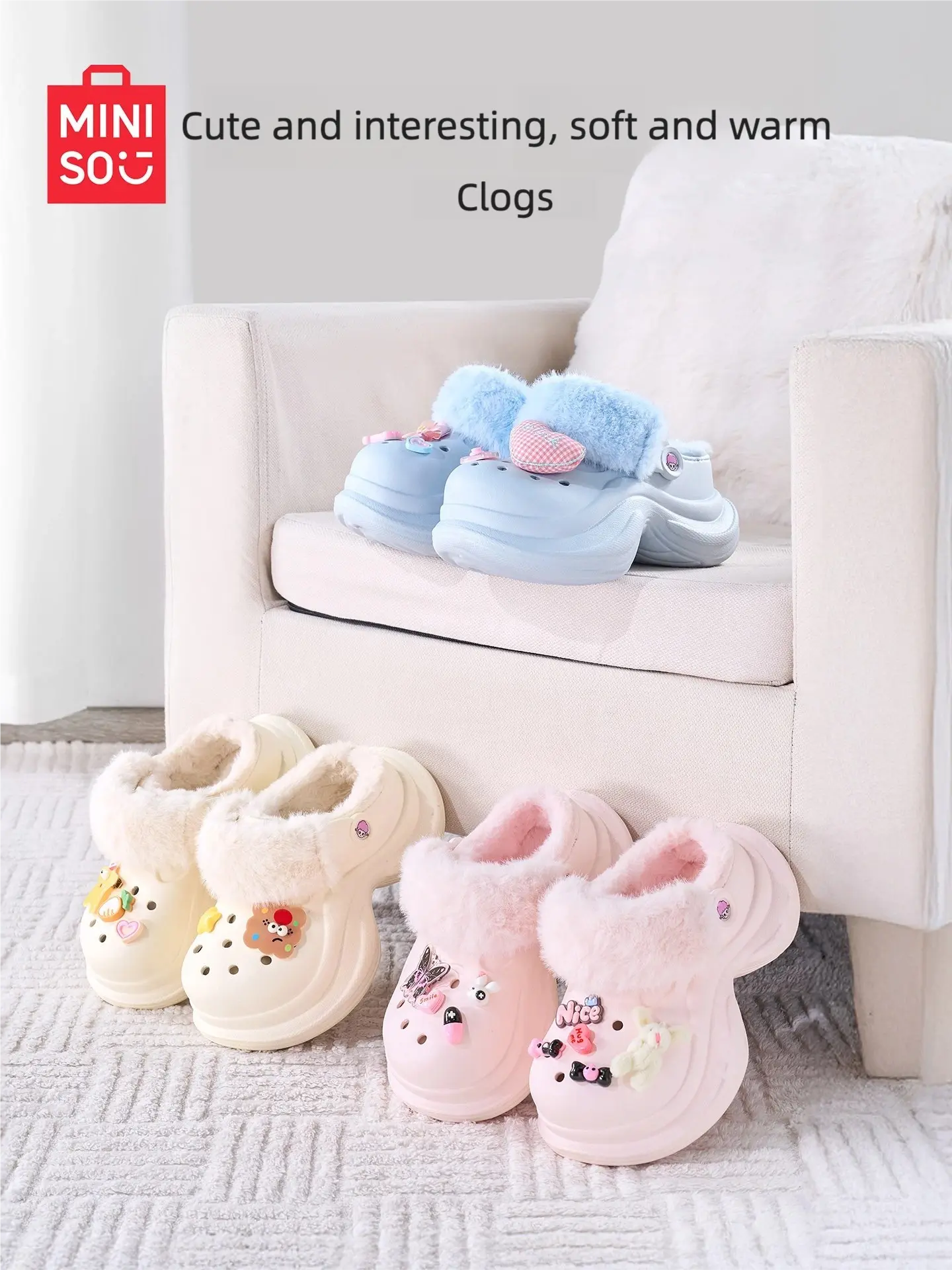 Miniso Fuzzy Lined Clog Slippers for Adults & Kids, Parent-Child Matching Slip-Ons with Warm Detachable Liner and Anti-Slip Sole, Fuzzy Warm Slippers, Slip On，Back To School