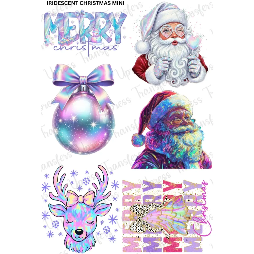 Iridescent Christmas Mini Christmas DTF Transfer Gang Sheet 24.5" wide x 36" long. Direct To Film