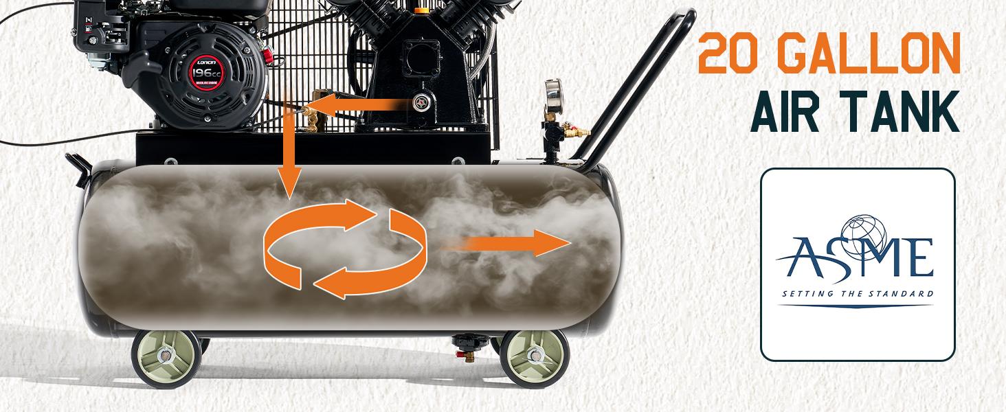 VanAcc 6.5HP Gas Powered Air Compressor, 8/20 Gallon Horizontal Tank with Wheels 10CFM@Max 115PSI, 196cc Loncin Engine Gasoline Driven Piston Pump Air Compressor for Workshop, Construction Sites
