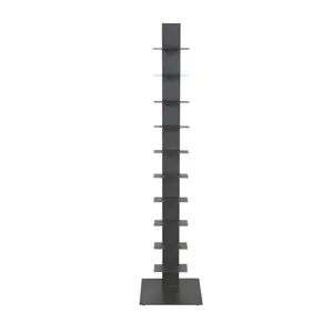 360 stand 10-Shelf Metal Tower Bookcase - Steel Frame, Dark Gray Freestanding Modern Bookshelf for Contemporary Home Decor, Books