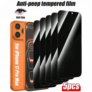 5Pcs Privacy Screen Protector for iPhone 17 Air 16 16E 15 14 13 Pro Max Plus High quality Full Coverage Anti Spy 9H Hardness Tempered Glass Film No Bubbles Case Friendly Installation Protection