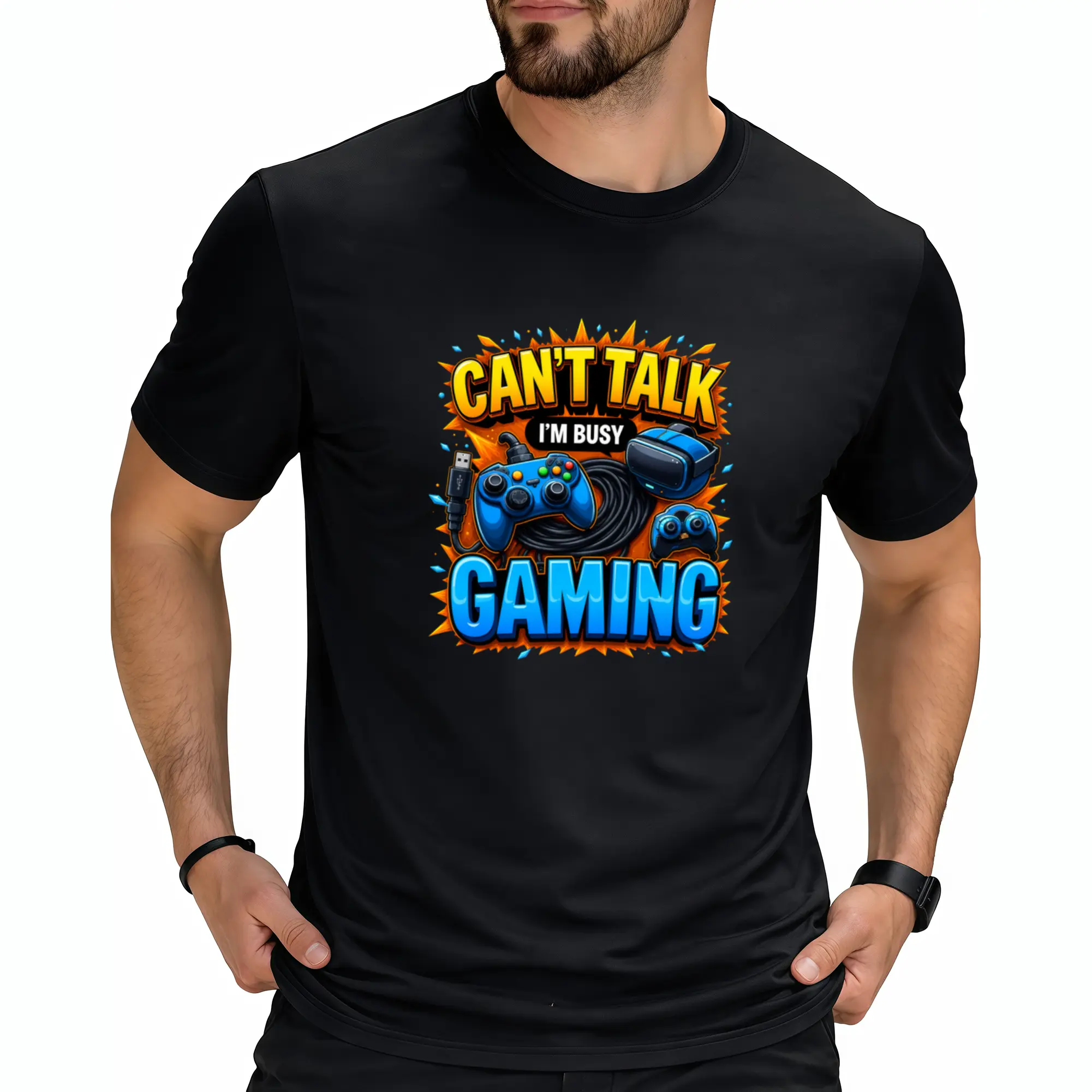 Men'S Retro Gaming T-Shirt with VR Headset And Controller Graphic, "Can'T Talk, I'M Busy Gaming" Slogan, Comfortable Round Neck Casual Shirt Suitable for Gamers And Tech Enthusiasts, Casual Attire, Spretro Casual Crew Neck Printed T-Shirt