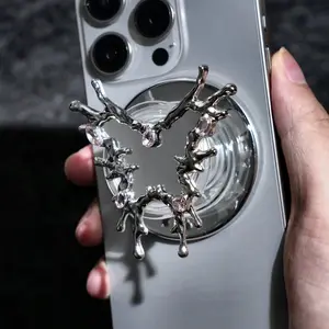 Magnetic Phone Grip Stand With Mini Mirror, 3D Silver Metal Butterfly Heart, Clear Acrylic Collapsible Holder for iPhone and Smartphones