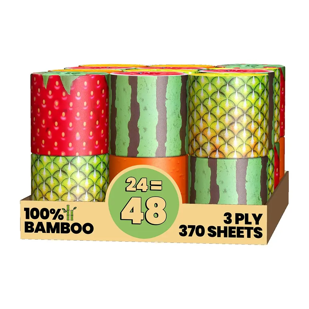 Gaias Premium FruiTP Organic 100% Bamboo Toilet Paper, 3 Ply - Eco-Friendly, Sustainable Tissue, 24 Double Rolls & 370 Sheets/Roll - Plastic Free Packaging, Septic Safe & Biodegradable - FSC Certified