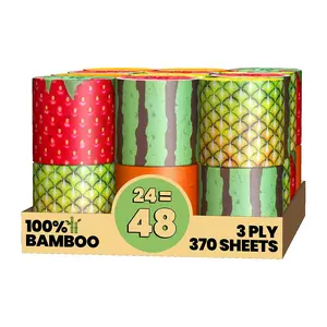 Gaias Premium FruiTP Organic 100% Bamboo Toilet Paper, 3 Ply - Eco-Friendly, Sustainable Tissue, 24 Double Rolls & 370 Sheets/Roll - Plastic Free Packaging, Septic Safe & Biodegradable - FSC Certified