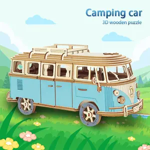 Blue Camper Wooden Puzzle, Wood Car Model, 3D Assembly Toy, Educational Intelligence Toy, Realistic Car Series Decoration