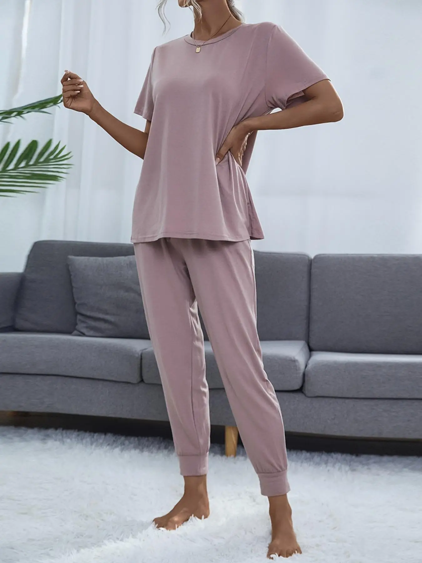Women's Round Neck Tee & Drawstring Waist Cropped Pants Loungewear Set, Casual Lounge Set, Crew Neck Short Sleeve T-shirt & Pocket Trousers Pj Set, Su