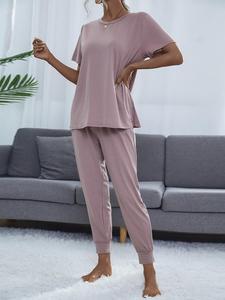 women's round neck tee & drawstring waist cropped pants loungewear set, casual lounge set, crew neck short sleeve t-shirt & pocket trousers pj set, summer outfits, pyjamas for women, womenswear, nightwear, clothes for women
