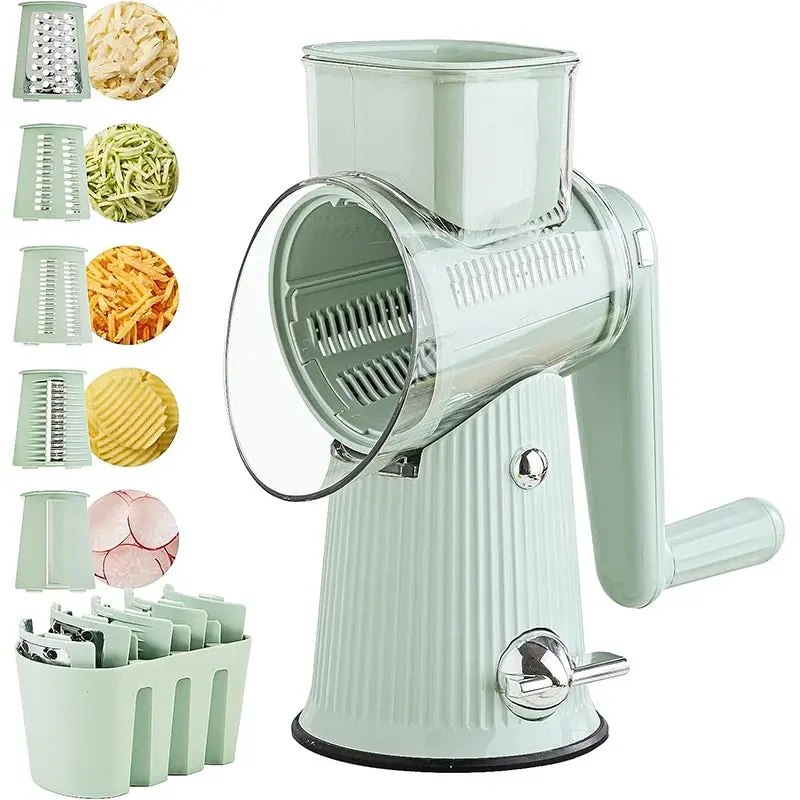 5 in 1 Rotary Cheese Grater with Handle Kitchen Vegetable Cutter Slicer Round Mandoline Drum Slicer with Suction Base JT435